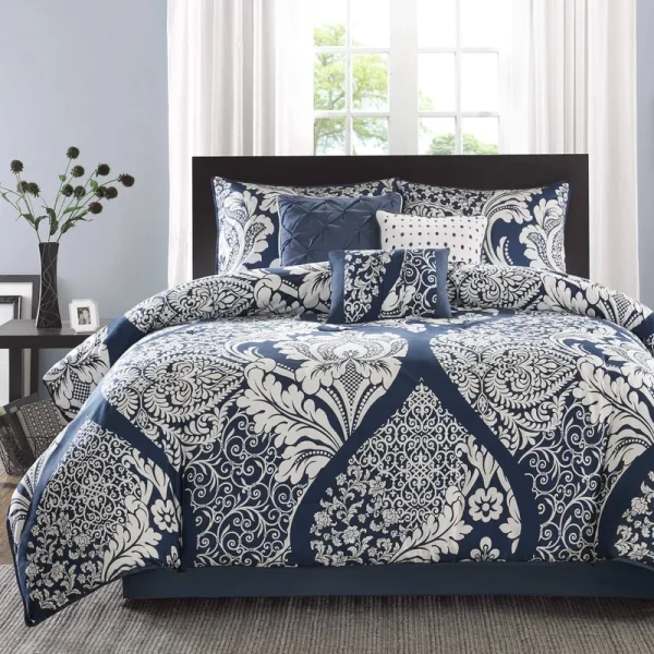 Madison Park - Vienna 7 Piece Cotton Printed Comforter Set - Cal King - Indigo