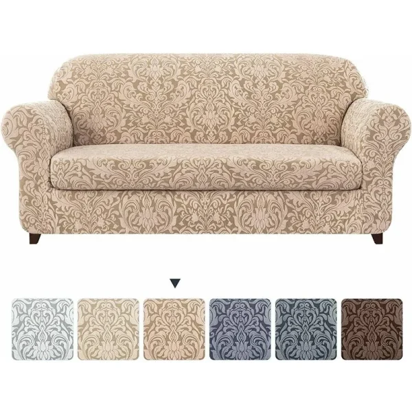 Subrtex 2-Piece Stretch Loveseat Couch Cover Jacquard Damask Slipcover - Oatmeal