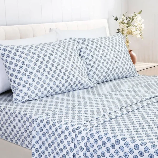 Enviohome 4 Piece 100% Cotton Sheet Set - King, Mandlas Aqua