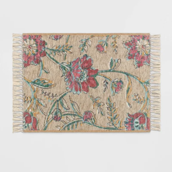 2'x3' Washable Floral Printed Accent Rug Beige/Red - Threshold