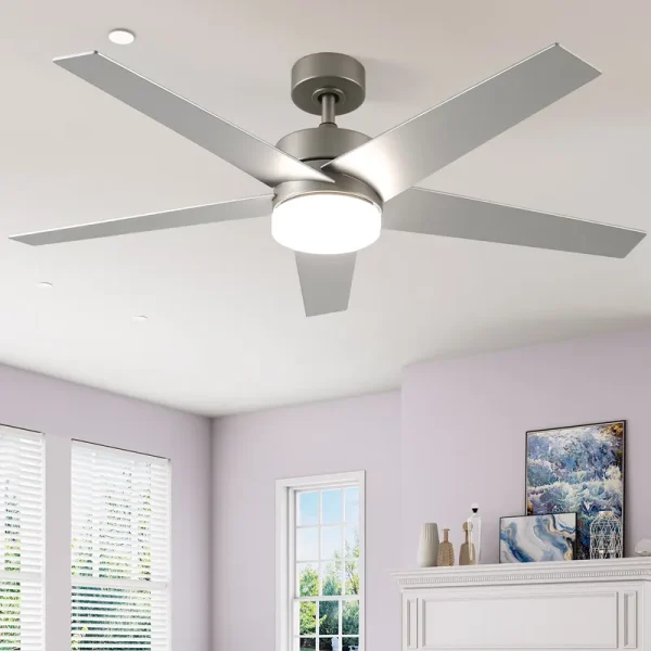 Uforic 52" Modern Ceiling Fan with Lights and Remote Control, 5 - Blade Ceiling Fan with Dimmable Tri - Color Light, Quiet and Reversible 6 - Speed DC Motor, Perfect for Bedroom, Living Room - Silver