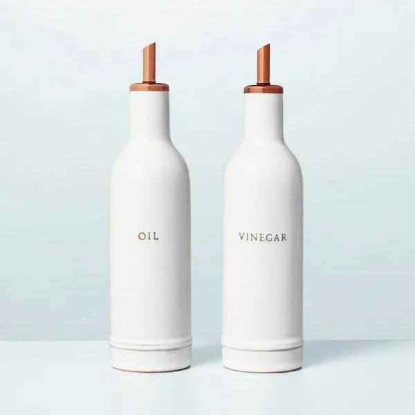 2pc Oil & Vinegar Stoneware Bottle Set Cream/Copper - Hearth & Hand with Magnolia