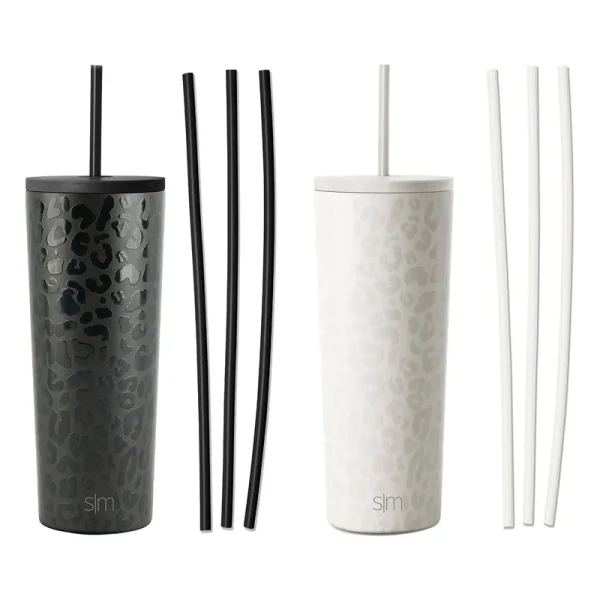 Simple Modern 2Pack 24oz Stainless Steel Classic with Six Bonus Straws (Black & White Leopard)
