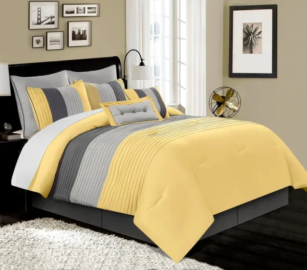 Chezmoi Collection Luxury Pleated Striped Comforter Set, California King, Yellow/Gray/Paloma, 8-Piece