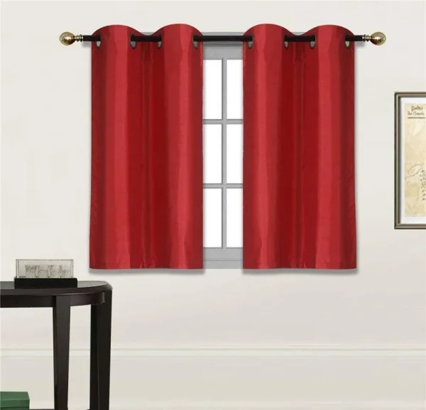 Fancy Linen 2 Panel Faux Silk Blackout Curtain Set Solid Red with Grommet Top Room Darkening Short Tier Drapes for Kitchen, Bathroom or Any Small