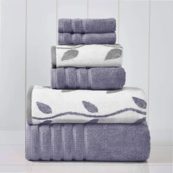 6-Piece Yarn Dyed Towel Set Organic Vines Grey Lavender