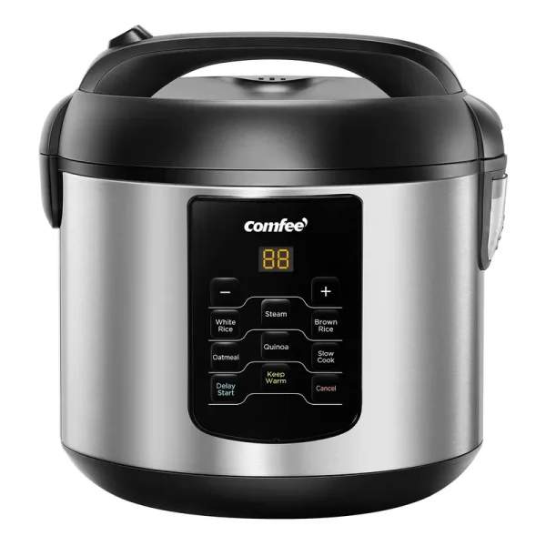 Comfee' Rice Cooker, 6-in-1 Stainless Steel Multi Cooker, Slow Cooker, Steamer, Saute, and Warmer, 2 qt, 8 Cups Cooked, Brown Rice, Quinoa and Oatmeal