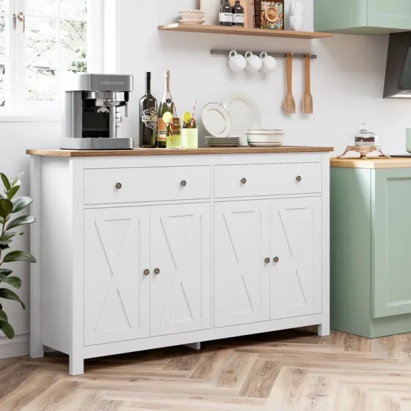 Homfa 55.1'' W Farmhouse Storage Cabinet, 4 - Doors 2 - Drawers Wood Sideboard with Adjustable Shelves for Kitchen Dining Room, White