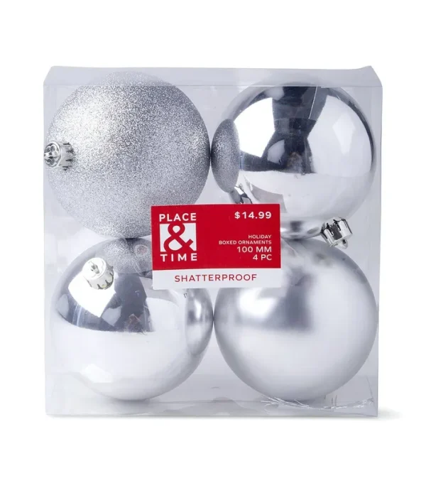 4pc 100mm Shatterproof Ornaments Silver