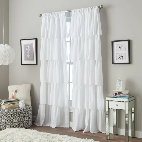 Flounced 63-Inch Rod Pocket Window Curtain Panel in White