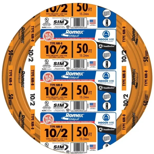 Southwire 28829022 50' 10/2 with Ground Romex Brand Simpull Residential Indoor Electrical Wire Type NM - B Orange
