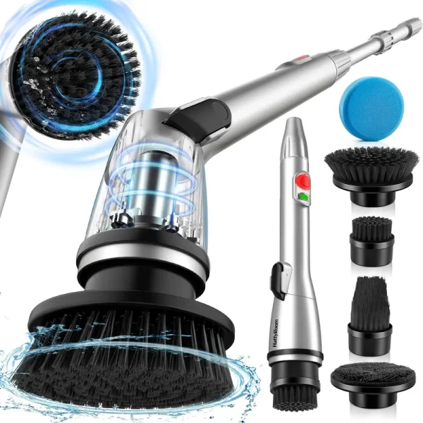 HattyRoom Rechargeable Cordless Electric Spin Scrubber with 5 Cleaning Brush Heads, Adjustable Shower Powerful Scrubber with Long Handle Extension Arm