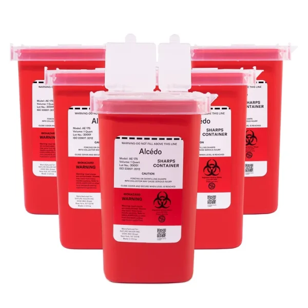 Alcedo Sharps Container for Home Use and Professional 1 Quart (5-Pack), Biohazard Needle and Syringe Disposal, Small Portable Container for Travel