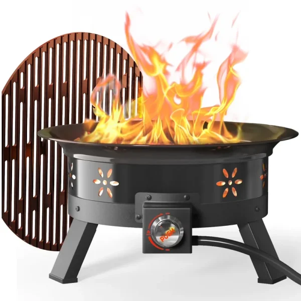 Philergo 19 in Portable Fire Pits with Grill for Outside 58000 BTU Gas Fire Bowl with Foldable Legs & Lid & Carry Kit & Lava Rock Stone