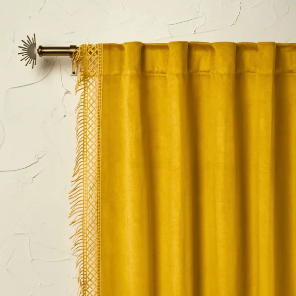 84x54 Velvet Macrame Trim Light Filtering Curtain Panel Gold