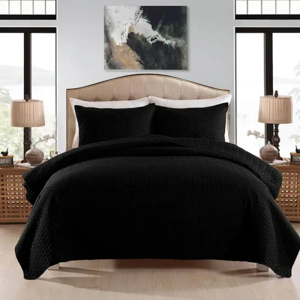 Jml 3-Piece Black Basket Weave Pattern Microfiber Queen Quilt Set