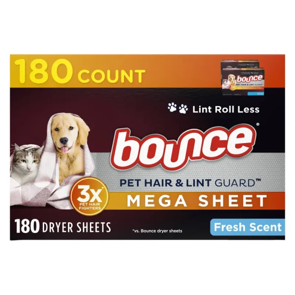 Bounce Pet Hair and Lint Guard Mega Dryer Sheets, Fresh Scent - 180 ct