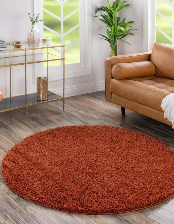 Unique Loom Solid Shag 3 ft Round Terracotta Red Area Rug