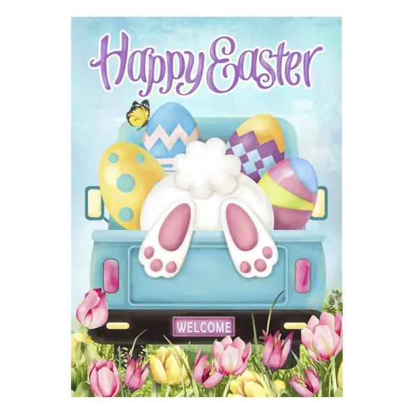 Morigins Happy Easter Bunny Tail Eggs with Blue Truck Yard Flag Spring Tulip Flowers Outdoor House Flag 28x40 inch
