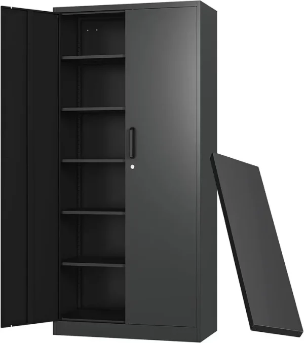 CQAOE 71" Metal Storage Cabinet with Lock, 5 Adjustable Shelves and 2 Doors, Steel Utility Cabinet for Garage, Office, Home, Gym, or School - Black