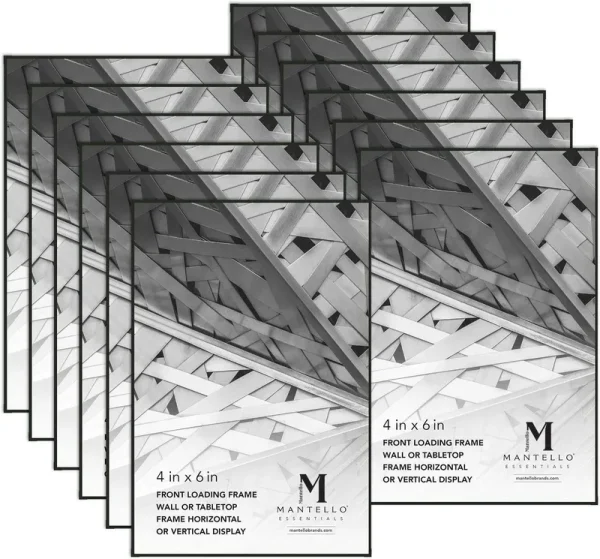 Mantello 4 inch x 6 inch Front Loading Picture Frames, Black, Set of 12