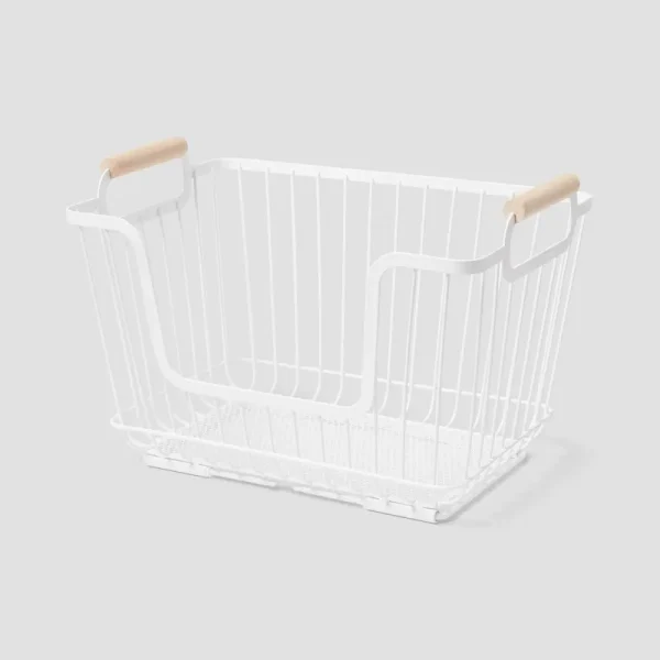 Metal Stackable Wire Pantry Basket with Rubber Wood Handle White - Brightroom