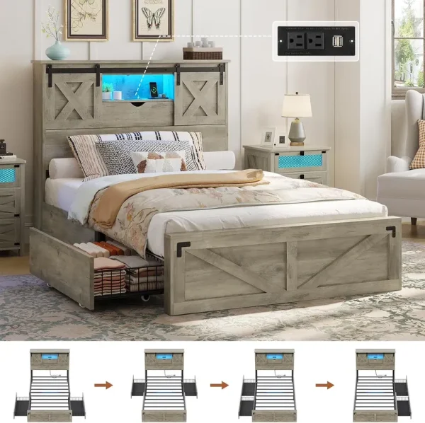 Twin XL Size Bed Frame with Headboard and Drawers, Farmhouse Twin XL Platform Bed Frame with LED Lights and Charging Station, No Box Spring Needed, Gray
