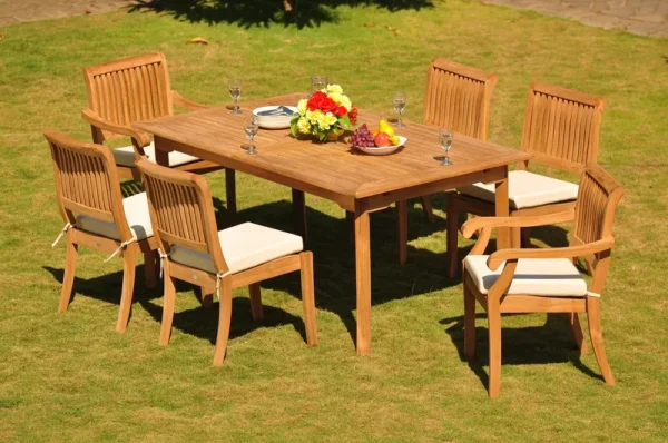 Teak Dining Set: 6 Seater 7 Pc: 94" Rectangle Table & 2 Stacking Arbor Arm & 4 Armless Chairs Outdoor Patio Grade - A Teak Wood Wholesaleteak #wmdsab15