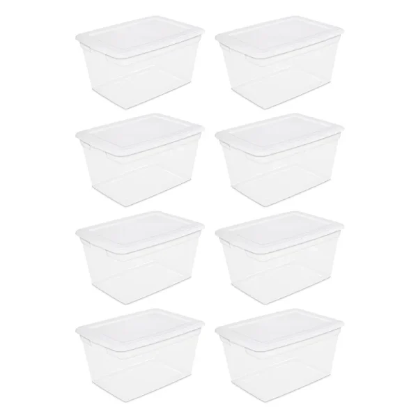 Sterilite Plastic Tote Box 58 qt Clear Stackable Container Storage with Lid Set of 8