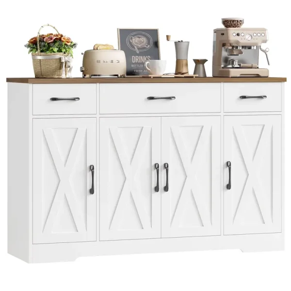 Homfa Buffet Cabinet with 3 Drawers and 4 Doors, 55.1�?w Kitchen Sideboard Storage Cabinet with Adjustable Shelves, Farmhouse Coffee Bar Cabinet for Dining Room, White & Brown