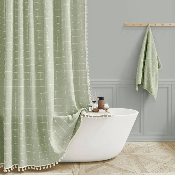 BTTN Boho Farmhouse Shower Curtain, Linen Rustic Heavy Duty Fabric Shower Curtain Set with Tassel, Water Repellent, Bohemian Vin