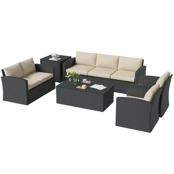 AECOJOY 7 PCS Outdoor Patio Furniture Sets with 2 Storage Boxes, Black & Beige