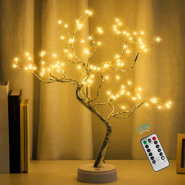 PXBNIUYA 108 LED Sparkly Fairy Tree Lamp, Warm White, Remote Control, USB/Battery, 8 Modes, DIY Bonsai Decor, Festival Decoration Light