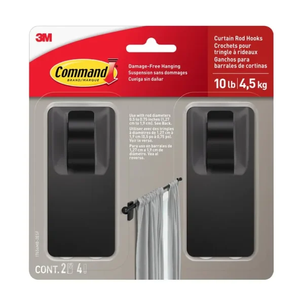 Command Matte Black Curtain Rod Hooks, 2 Hooks, 4 Adhesive Strips
