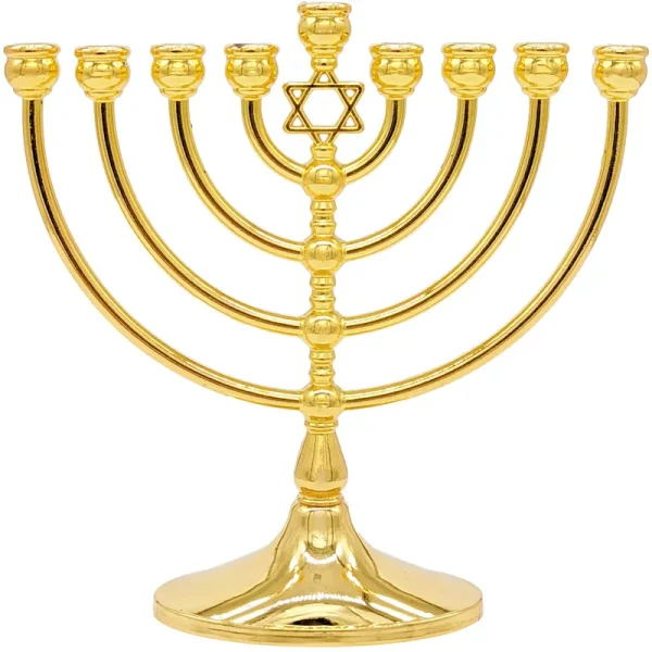 The Dreidel Company Menorah with Traditional Star Antique Gold Finish, Full Size