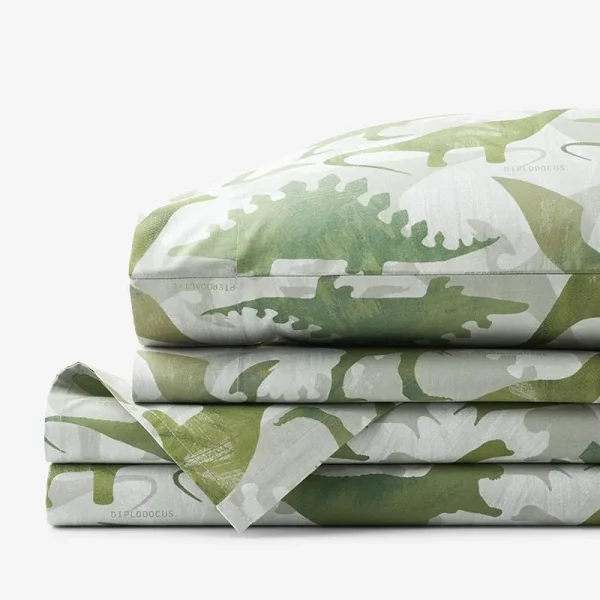 Dino World Classic Cool Organic Cotton Percale Bed Sheet Set - Dark Gray/Green, Size Queen | The Company Store