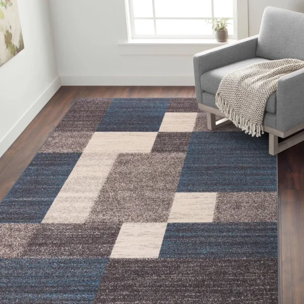 Modern Boxes Design Non-Slip (Non-Skid) Area Rug - 3'3" x 5' - Blue