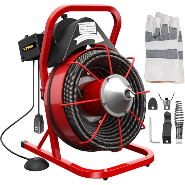 Vevorbrand Drain Cleaning Machine 75ft x 3/8 in Drain Cleaner Machines 250W Electric Drain Auger for 1" to 4" Pipes Electric Drain Snake Sewer Snake Drill W/ Cutters & Glove