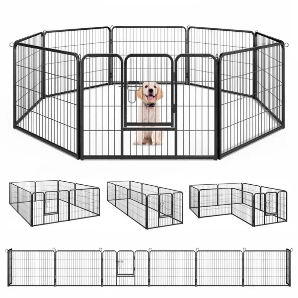 16 Panel 24/32/40" H Dog Playpen with Lock, Heavy Duty Metal Dog Pen with Large Door, Portable Pet Fences for Dogs Outside Garden