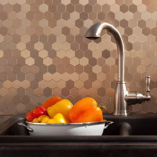 Aspect Peel and Stick Backsplash 11in x 4in Honeycomb Champagne Matted Metal Tile for Kitchen Bathrooms 3-Pack