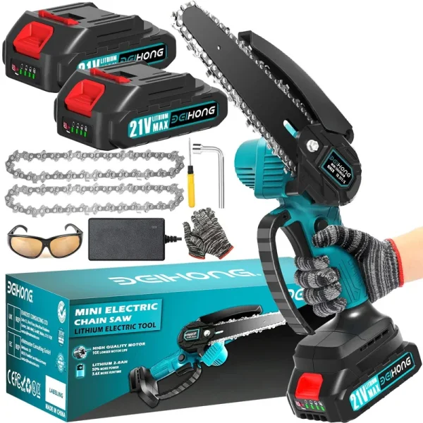 Mini Chainsaw 6-Inch with 2 Battery, Cordless Power Chain Saws with Security Lock, Handheld Small Chainsaw for Wood Cutting Tree Trimming