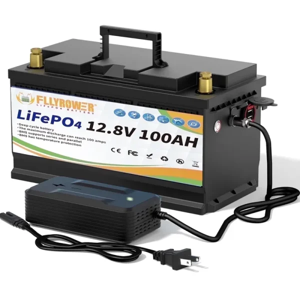 12V 100ah LiFePO4 Lithium Battery with a Charger, for RV, Marine, Solar, Trolling Motor, Camping, Home Energy Storage, Built in 100A BMS, 15000+Deep Cycles