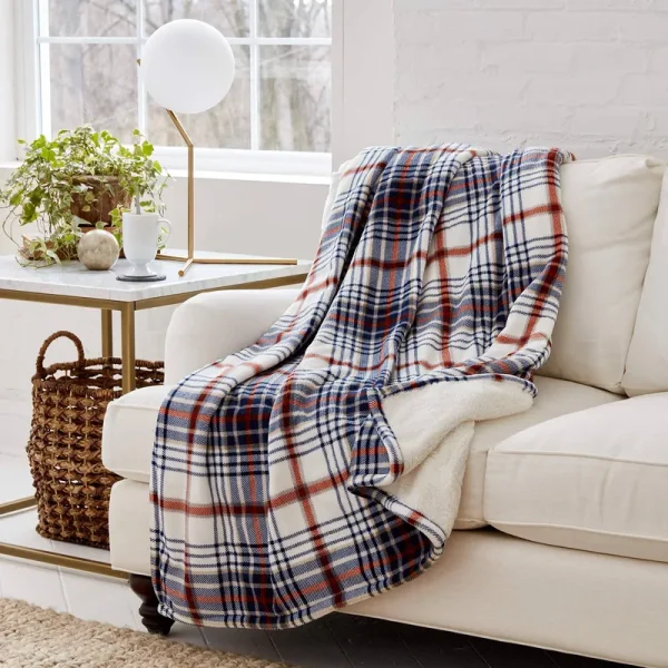 Eddie Bauer | Smart Heated Electric Throw Blanket - Reversible Sherpa Plaid Blue