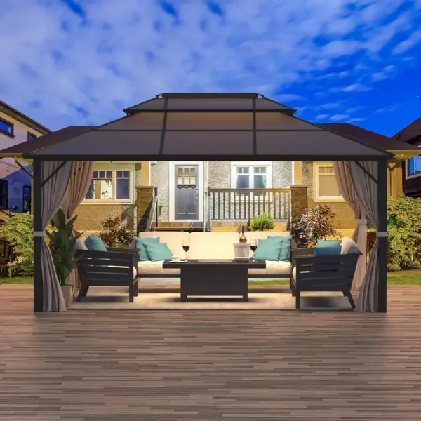 EROMMY Outdoor Double Roof Permanent Hardtop Gazebo Pergola with Prime Netting and Curtains Double Roof 10' x 13' N, Other