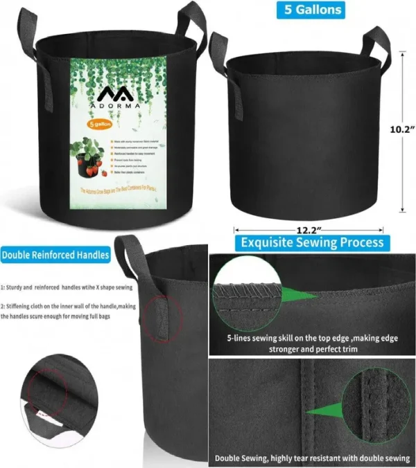 Adorma 10 Packs 5 Gallon Grow Bags, Heavy Duty 300g Thickened Nonwoven Fabric Plant Pots with Handle