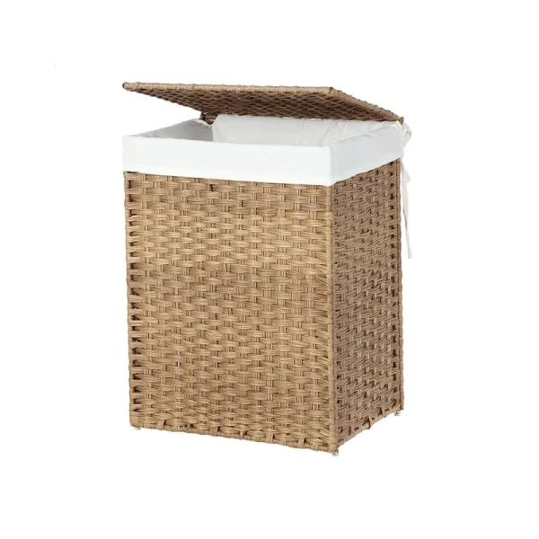 SONGMICS Handwoven Laundry Hamper, 23.8 Gal (90L) Synthetic Rattan Clothes Laundry Basket with Lid and Handles, Foldable, Removable Liner Bag, Natural
