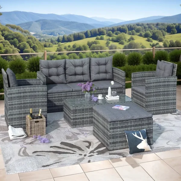 5 Piece Patio Furniture Sets, Outdoor Conversation Sets with Glass Coffee Table, Wicker Rattan Sectional Sofa Couch with Storage Bench, Ottomans & Cushions for Garden, Pool, Backyard, Gray
