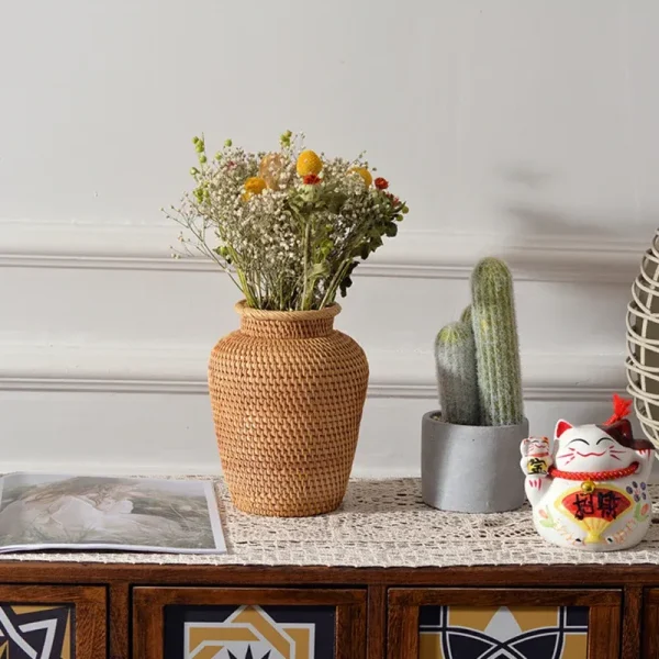 Korean Style Rattan Woven Decorative Vase Basket – Tabletop Floral Organizer (18L)