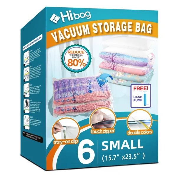 Hibag 6 Pack Vacuum Storage Bags for Clothes, Clothes Vacuum Bags Save 80% Space, Work with Vacuum Cleaner, Travel Hand Pump Included (6-Small)