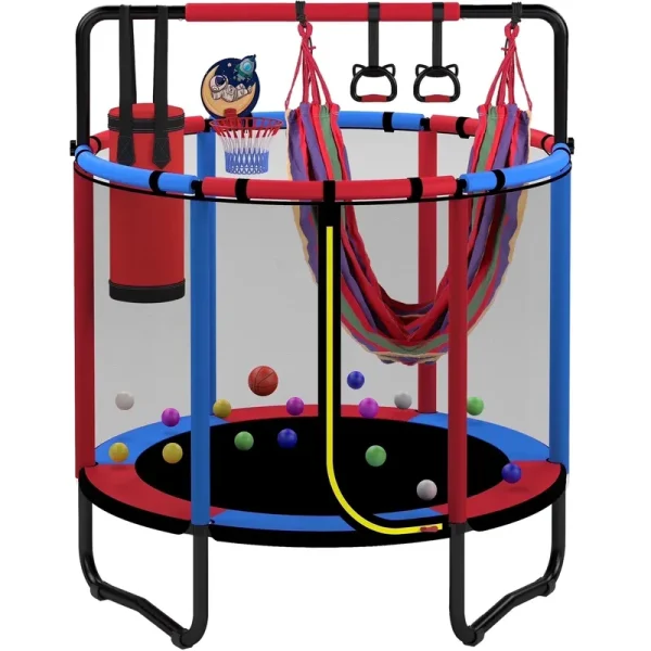 Mini Round Trampoline for Kids with Basketball Hoop, SEGMART 55'' Indoor Outdoor Toddler Trampoline with Enclosure Net, Swing, Sandbag, Ring, Ocean Balls, Small Trampoline Gift for Boys Girls, Blue